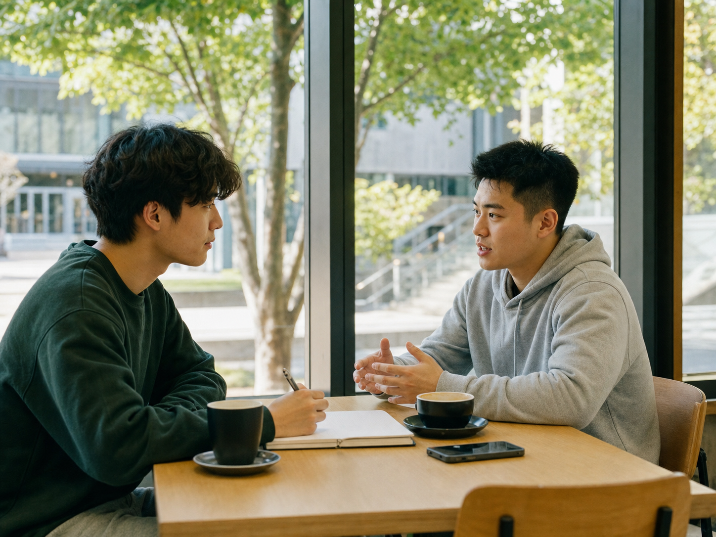 两位中国男留学生在校园咖啡店认真交流生活习惯